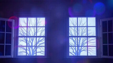 Looking Through Windows at Bare Tree in Winter with Blue Light