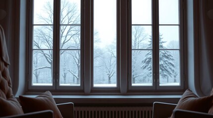 Fototapeta premium Winter View Through Window with Snowy Trees and Cozy Armchairs