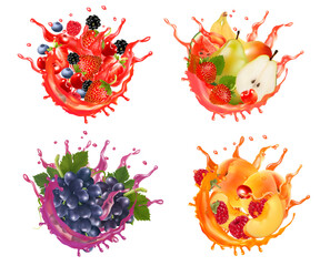 Set of fruits and berries in juice splashes. Grape, peach, cherry, blueberry, raspberry, strawberry, pear, banana, plum in juice drink splashing. Vector