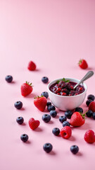 Keto friendly fruit bowl with berries on a pink surface.