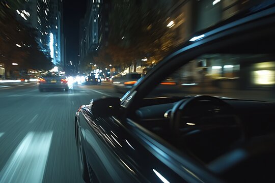 Car light trail while driving in the coty by night