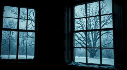 Fototapeta premium Viewing Snowy Trees Through Windows on a Winter Day
