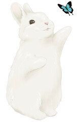 Cute Fluffy White Bunny Reaching for Blue Butterfly Illustration