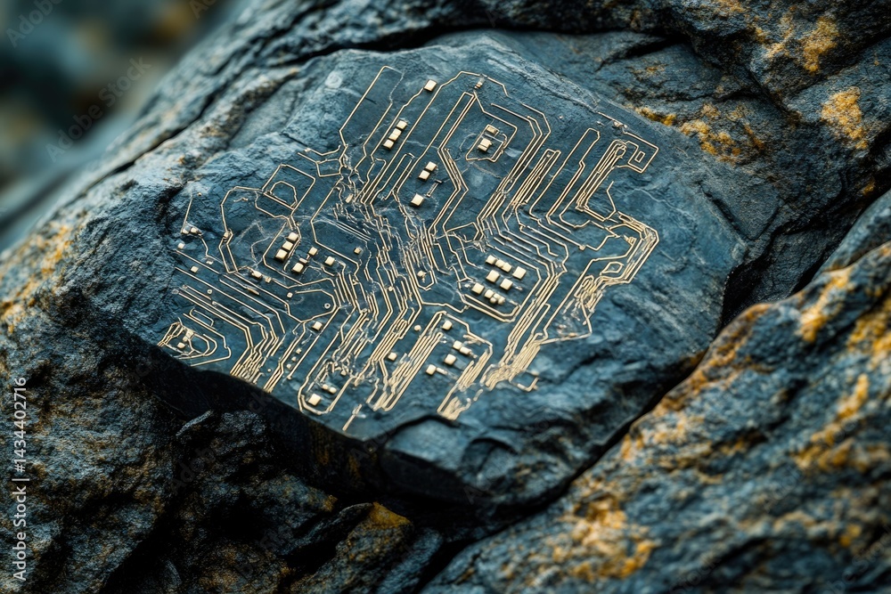 Poster a circuit board embedded in a dark rock, symbolizing the origins of technology in nature.