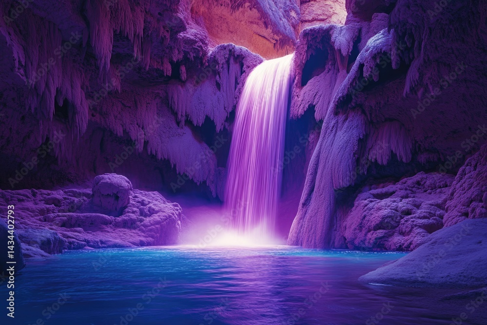 Aufkleber A mesmerizing purple waterfall cascades into a serene pool within a mystical cave, creating a surreal and enchanting scene.