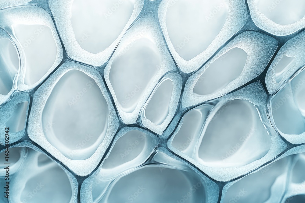 Poster Abstract image depicting a complex network of interconnected, translucent, organic forms resembling a cellular structure or foam.