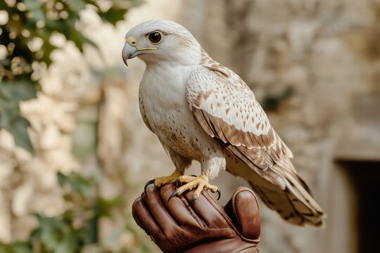 Light colored falcon on a glove Falconry involves hunting wild animals with a trained raptor - Powered by Adobe