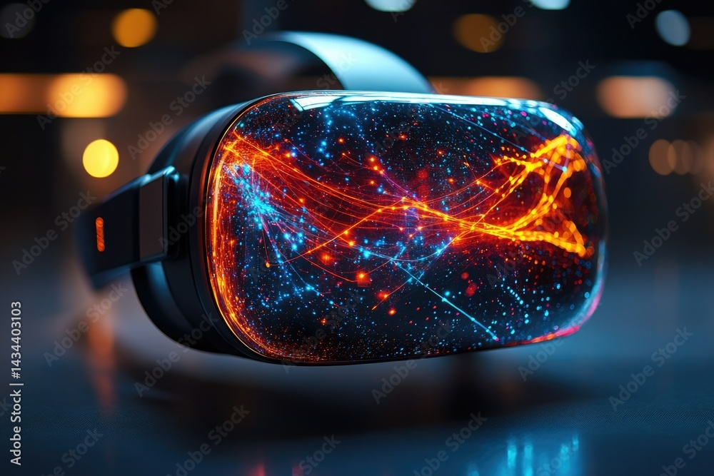 Poster a futuristic vr headset displaying vibrant, interconnected lines of light, symbolizing virtual reali