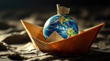 Earth Globe Riding Paper Boat Concept for Global Awareness