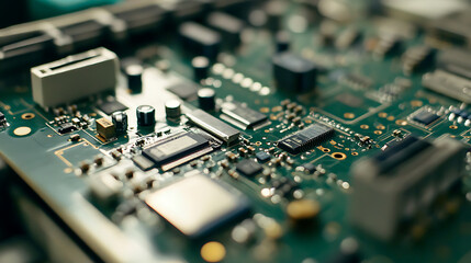 Mechanical arm assembling high precision circuit boards in an electronics manufacturing facility, clean and organized workstations with components visible, Circuit board assembly style