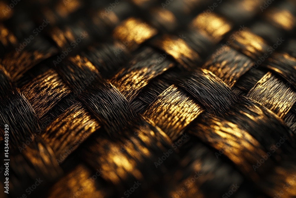 Fototapete close-up of interwoven black and gold threads creating a luxurious textured pattern.