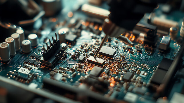 Mechanical arm assembling high precision circuit boards in an electronics manufacturing facility, clean and organized workstations with components visible, Circuit board assembly style