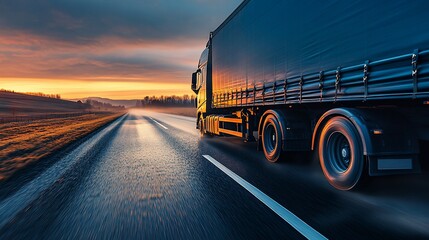 Truck on highway at sunrise
