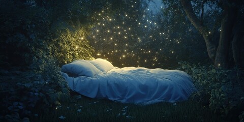 Serene image of a bed nestled in a magical forest at night, illuminated by twinkling lights.