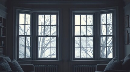 Fototapeta premium Living Room Interior with Large Windows Viewing Winter Trees