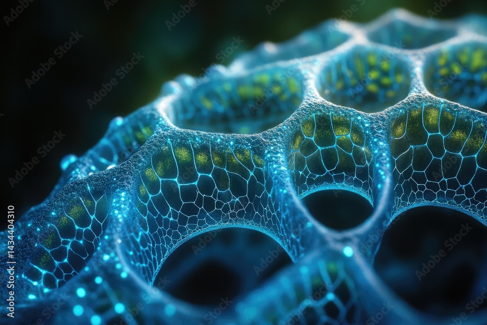 Poster Close-up of a bioluminescent, intricate network structure resembling a honeycomb or cellular lattice.