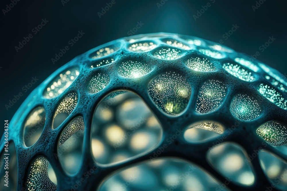 Poster Abstract 3D rendering of a bioluminescent, porous, spherical structure with internal glowing lights.