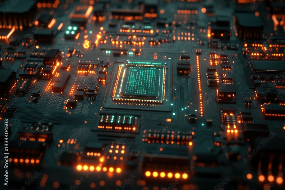 Aufkleber Close-up of a futuristic circuit board with a central processor glowing teal, showcasing intricate technological details.