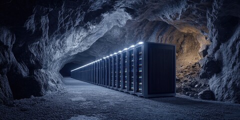 Modern data center servers housed in a secure underground cave environment.