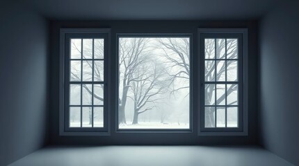 Looking Out Window at Snowy Winter Landscape From Empty Room