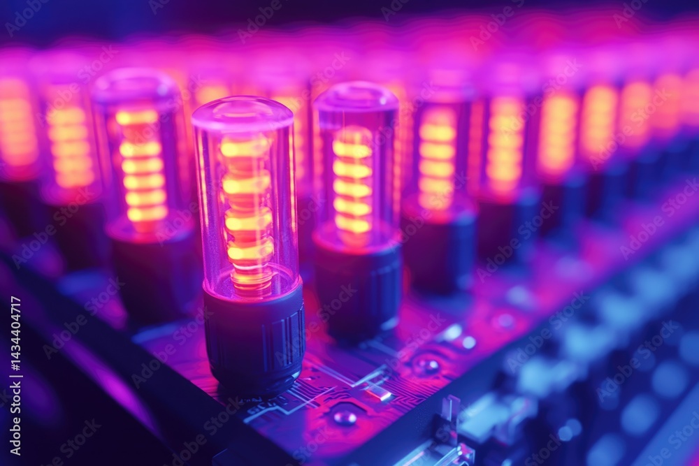 Aufkleber rows of glowing neon tubes illuminate a circuit board, creating a vibrant, futuristic scene.