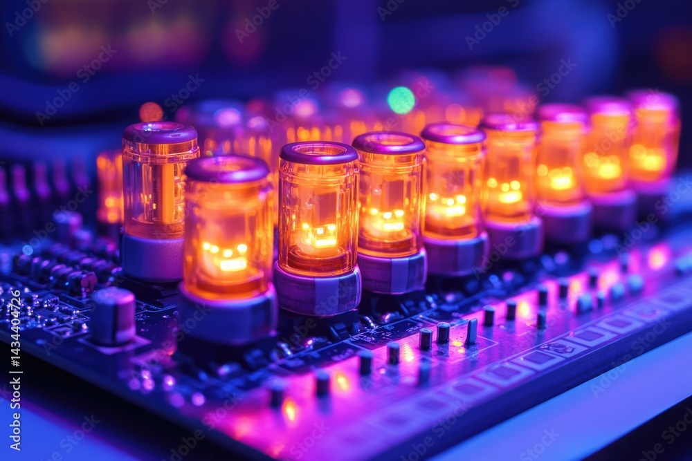 Poster glowing vacuum tubes arranged on a circuit board, illuminating the electronic components with vibran