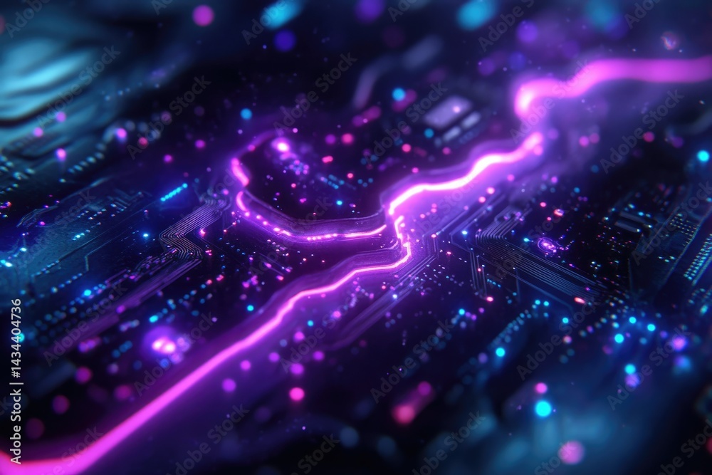 Poster abstract close-up of a circuit board with vibrant neon pink and blue glowing lines, showcasing techn