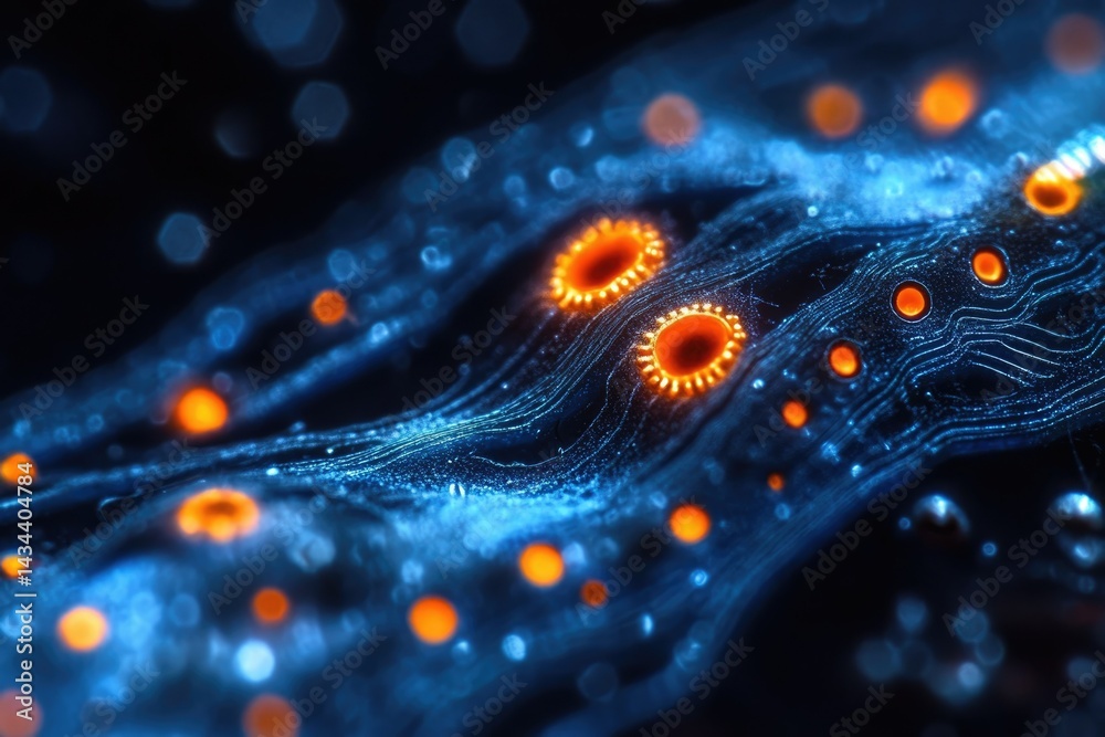 Leinwandbilder abstract digital art depicting a vibrant, glowing blue neural network with orange nodes, resembling 