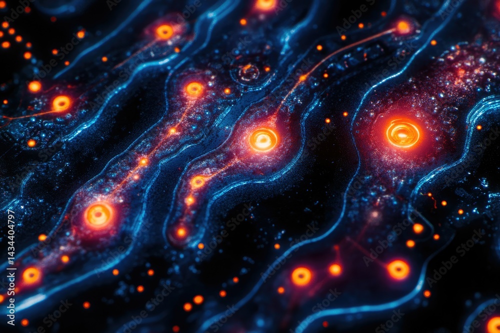 Poster abstract fractal art depicting a cosmic landscape with glowing orbs and swirling nebulae.