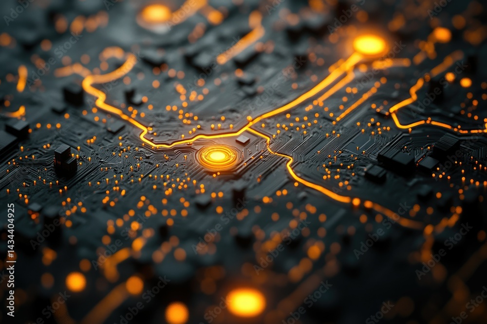 Fototapete Abstract close-up of a glowing circuit board, showcasing intricate pathways and connections.