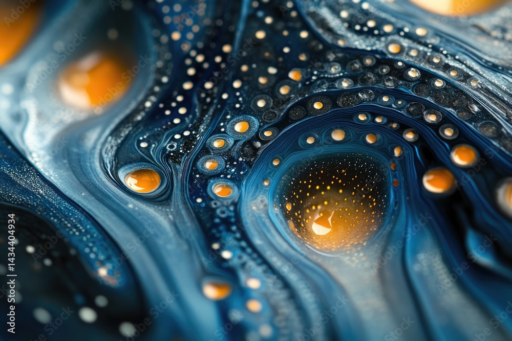 Poster abstract fluid art showcasing swirling blue and orange hues, creating a mesmerizing cosmic-like patt