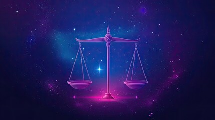 Glowing Libra zodiac scales against a vibrant cosmic backdrop.