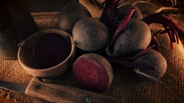 Sliced beetroot warm rustic backdrop presentation stock footage