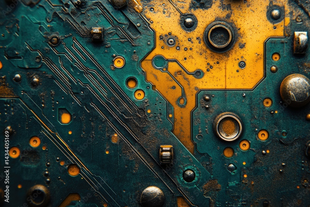 Fototapete close-up of a weathered circuit board with teal and gold tones, showcasing intricate circuitry and a