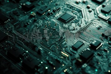 Obraz premium Close-up view of a complex circuit board, showcasing intricate circuitry and electronic components.