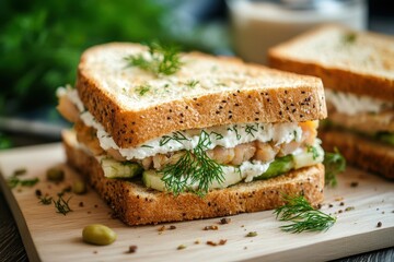 Marinated herring sandwich with cream and dill Focused view