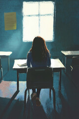 Illustration of a Lonely Student Facing Classroom Board Alone in School. Generative AI.