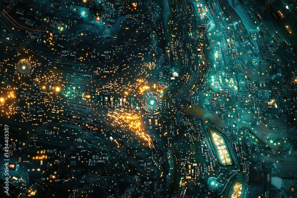 Poster A mesmerizing aerial view of a circuit board, glowing with intricate pathways and components, resembling a futuristic city.