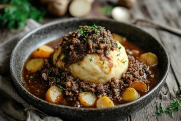 Meatless haggis served with turnips and potatoes