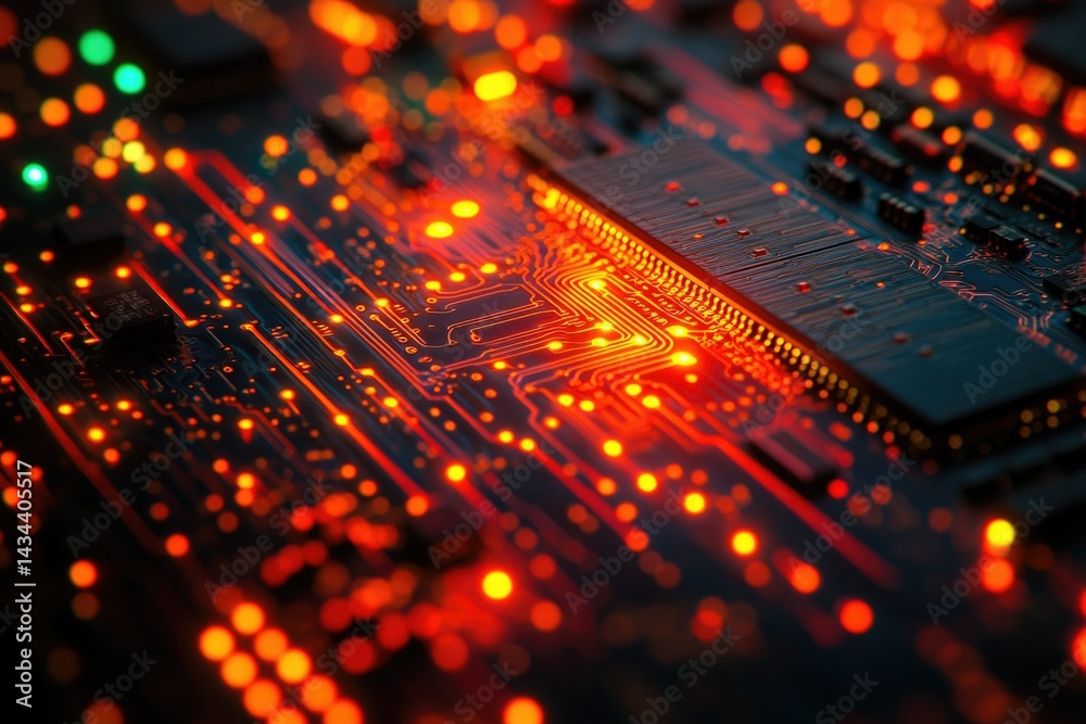 Fototapete close-up of illuminated circuit board showcasing intricate electronic components and pathways.