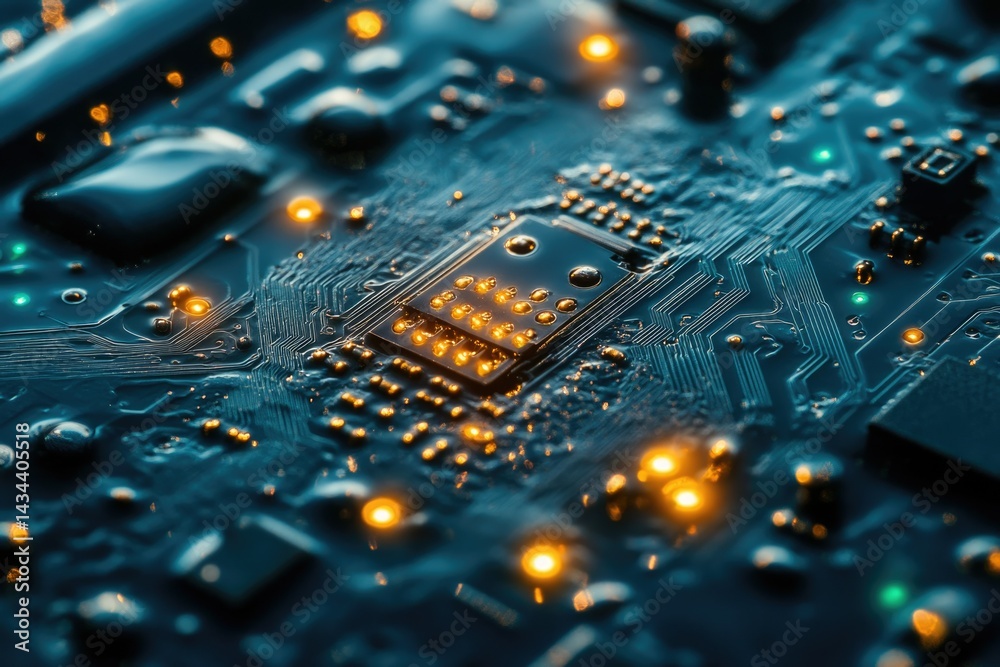 Fototapete close-up of a circuit board showcasing intricate electronic components and pathways.