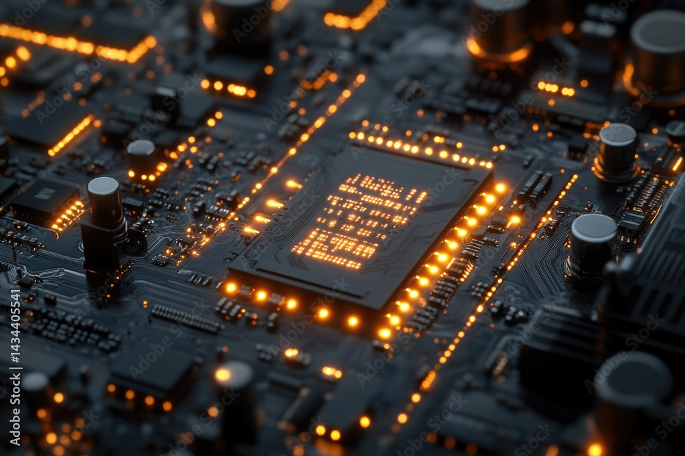 Poster Close-up of a circuit board with a central processor illuminated, showcasing intricate technological detail.
