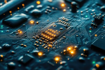 Close-up of a circuit board showcasing intricate electronic components and pathways.