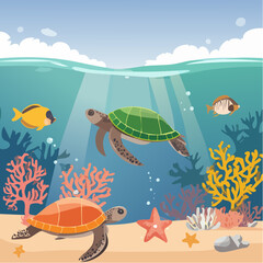 An underwater coral reef scene with colorful fish and sea turtles.

