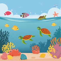 Fototapeta premium An underwater coral reef scene with colorful fish and sea turtles.
