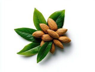 Pile of almonds with leaves on white background