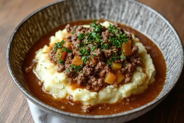 Mince and potatoes traditional Scottish meal of ground beef and mashed spuds