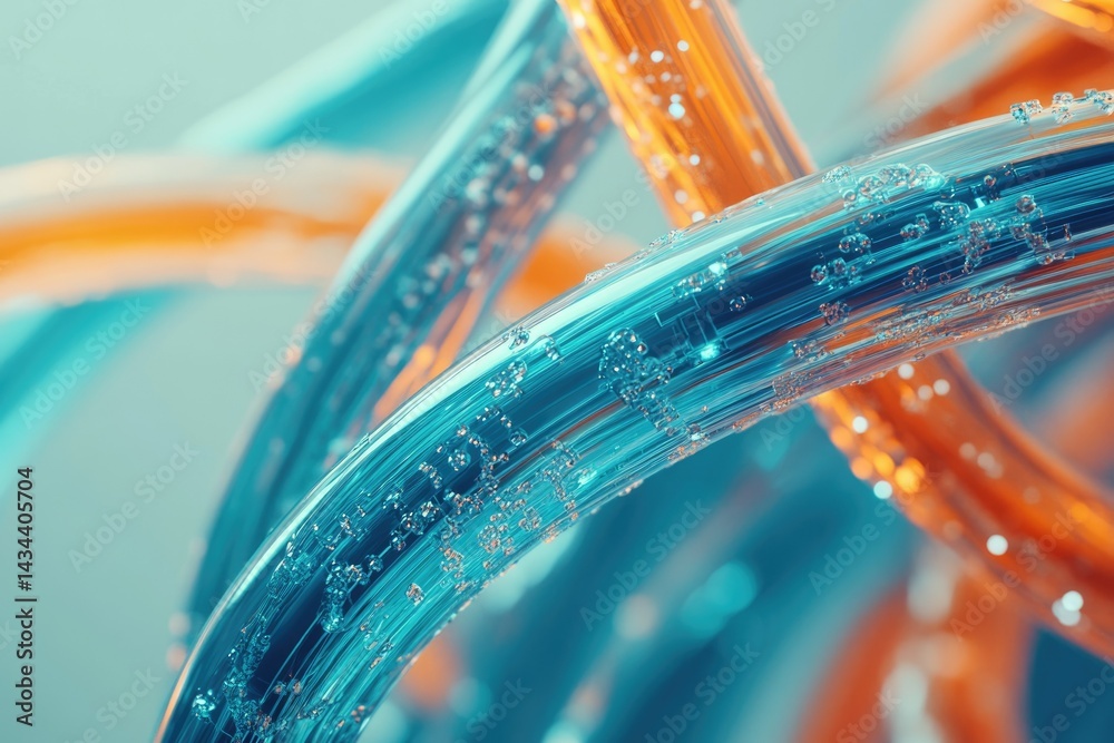 Poster Abstract image of intertwined, glowing turquoise and orange tubes with embedded bubbles, creating a futuristic or technological feel.