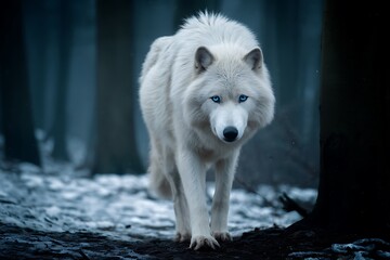 Obraz premium Majestic white wolf walking snowy path with blue eyes 