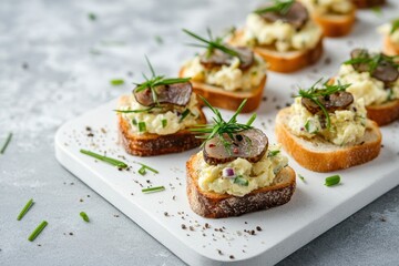Mini rye sandwiches with egg salad herring and green onions on a white platter against a gray backdrop Herring appetizer recipes